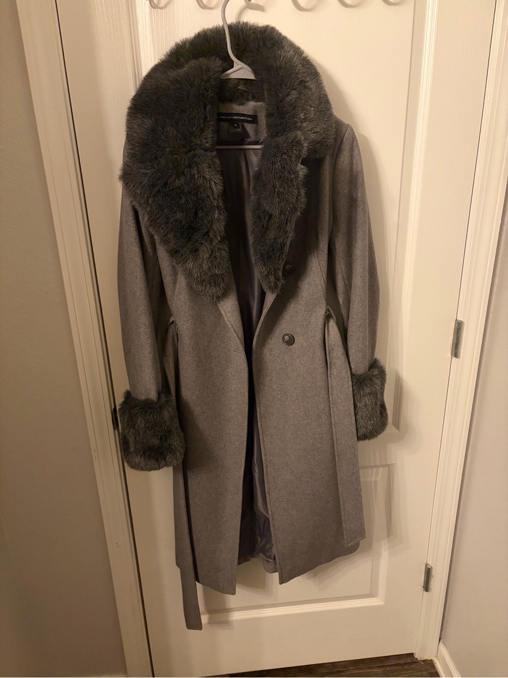 French Connection Gray Trench Coat with Faux Fur Collar & Cuffs